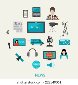News cast journalism television radio press conference concept, vector illustration. Icons set in flat design style: spokesperson, camera, interview, microphone, tv etc.