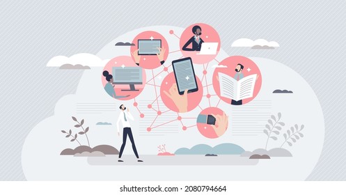 News channels as media communication types using various devices tiny person concept. Article spreading network to newspaper, tablet, website and pc vector illustration. Multimedia press information.