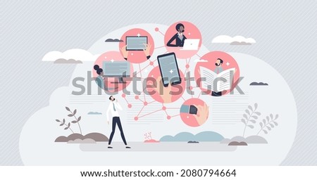 News channels as media communication types using various devices tiny person concept. Article spreading network to newspaper, tablet, website and pc vector illustration. Multimedia press information.