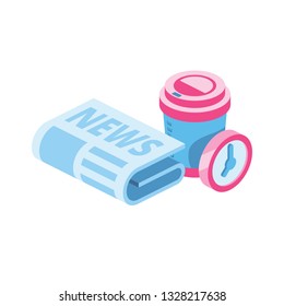 News coffee break 3d vector icon isometric pink and blue color minimalism illustrate