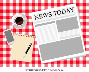 news, coffee, newspaper, pen, smart phone , notebook , breakfast, tablecloth , table, vector