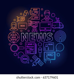 News colorful linear illustration - vector circular concept sign made with creative icons and word NEWS in thin line style on dark background