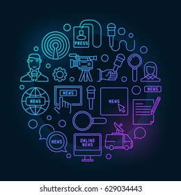 News colorful outline illustration - vector round communication concept sign made with microphone, reporter, newspaper, van, camera and other icons on dark background