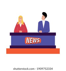 News composition with flat doodle characters of hosts of news broadcast on television vector illustration
