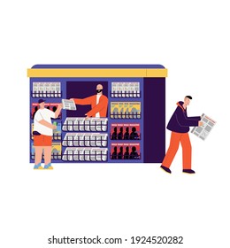 News composition with view of news stall with flat characters of seller and buyers vector illustration