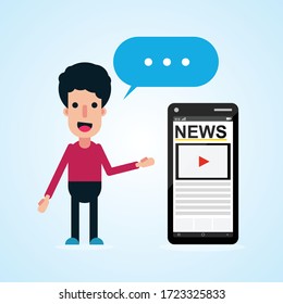 News concept - Flat cartoon man standing beside a smart phone  with news website page and speech bubble