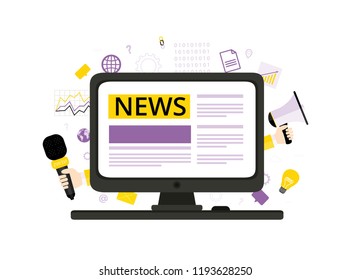 News concept.  Flat vector illustration for web design with desktop computer.