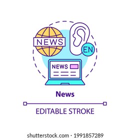 News concept icon. Video for language learning idea thin line illustration. Improving spoken language. Expanding vocabulary. Vector isolated outline RGB color drawing. Editable stroke
