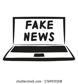 News Concept: Laptop With Fake News On The Screen.Braking News With Incorrect Information.Vector In Hand Drawn Doodle Style  Isolated On A White Background