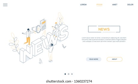 News concept - line design style isometric web banner on white background with copy space for text. A header with creative team, male, female colleagues with megaphone, tablet. Marketing theme