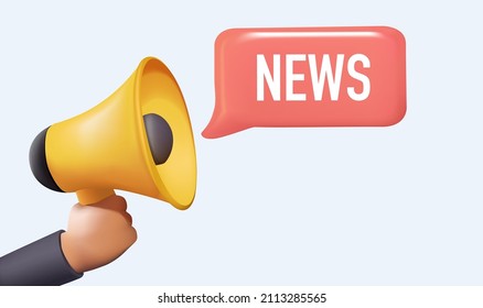 News concept. Marketing time concept, realistic 3d megaphone, loudspeaker with lightning. Latest news megaphone label. Breaking news, 3D illustration free to edit, vector. Loudspeaker alert message.