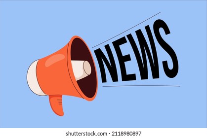 News concept. Marketing time concept, realistic 3d megaphone, loudspeaker with lightning. Latest news megaphone label. Speaking announcing, inscription news. Business promotion, advertising, vector.