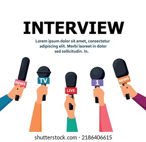 News concept with microphones. Broadcasting, interview and communication vector banner with handa holding microphones. Illustration of microphone for news, broadcasting live news eps 10