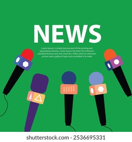 News concept with microphones. Broadcasting, interview and communication vector illustration design background