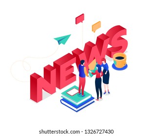 News concept - modern colorful isometric vector illustration on white background with inscription. Quality composition with a male, female colleagues talking, holding email, images of tea cup, books