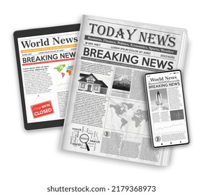 News concept with newspaper on screen smartphone, tablet PC and newspapers, isolated on white background. Vector illustration.