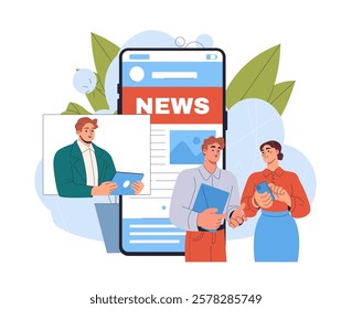 News concept with people discussing and using digital devices near a large smartphone screen displaying news. Flat style, modern background. Vector illustration