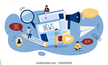 News concept. Reading breaking news on the web page and checking e-mail on the smartphone. Newspaper and digital information. Flat vector illustration