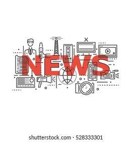 News Concept With Thin Line Pixel Perfect Icons. Anchorman, Newspaper, Tv, Radio, Video Content, Photos, Microphones. Vector Illustration