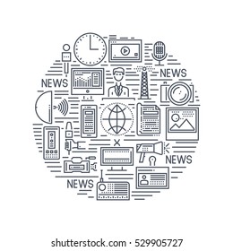 News Concept With Thin Line Pixel Perfect Icons. Anchorman, Newspaper, Tv, Radio, Video Content, Photos, Microphones. Different Color Combinations. Vector Illustration