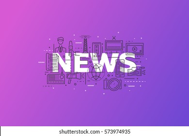 News Concept With Thin Line Pixel Perfect Icons. Anchorman, Newspaper, Tv, Radio, Video Content, Photos, Microphones. Different Color Combinations. Vector Illustration