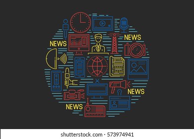 News Concept With Thin Line Pixel Perfect Icons. Anchorman, Newspaper, Tv, Radio, Video Content, Photos, Microphones. Different Color Combinations. Vector Illustration