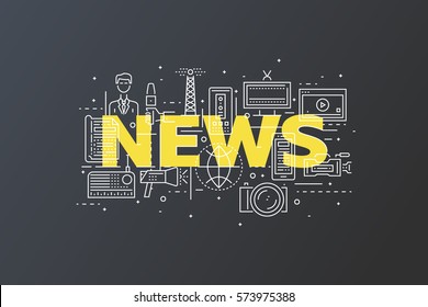 News Concept With Thin Line Pixel Perfect Icons. Anchorman, Newspaper, Tv, Radio, Video Content, Photos, Microphones. Vector Illustration