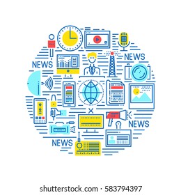 News Concept With Thin Line Pixel Perfect Icons. Anchorman, Newspaper, Tv, Radio, Video Content, Photos, Microphones. Different Color Combinations. Vector Illustration