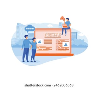 News concept. Tiny people read breaking news online using laptop. flat vector modern illustration 