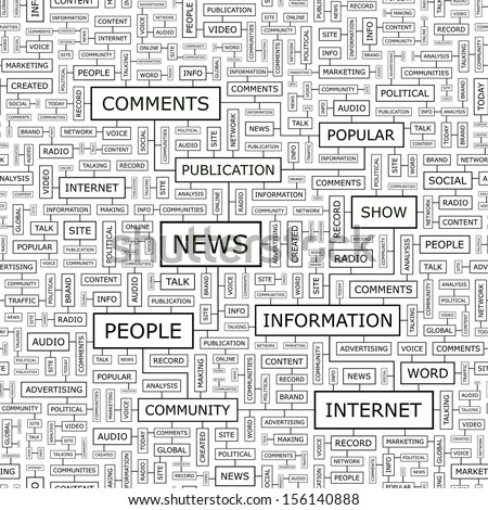 NEWS. Concept vector illustration. Word cloud with related tags and terms. Graphic tag collection. Wordcloud collage. 