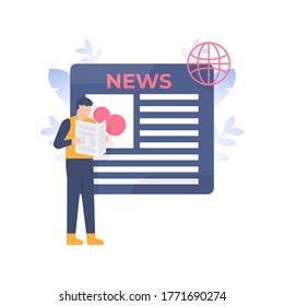 news concepts, updates, information. illustration of a man standing while reading the latest newspaper. flat design. can be used for elements, landing pages, UI, website