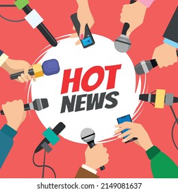 News Conference. Press Media Interview Concept, Journalists Hand Microphones Around Vector Illustration, Journalism Reporter Mics In Hands, Multimedia Broadcasting Live Talk Report