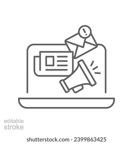 News content icon. Simple outline style. Media announce, newsletter update, digital press, coverage, laptop with megaphone concept. Thin line symbol. Vector illustration isolated. Editable stroke.