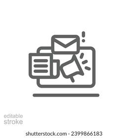 News content icon. Simple outline style. Media announce, newsletter update, digital press, coverage, laptop with megaphone concept. Thin line symbol. Vector illustration isolated. Editable stroke.