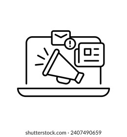 Icono de contenido de noticias. Estilo de contorno simple. Anuncio de medios, actualización de boletines, prensa digital, cobertura, laptop con concepto de megáfono. Símbolo de línea delgada. Ilustración vectorial aislada. Trazo editable.