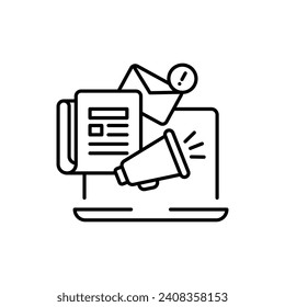 News content icon. Simple outline style. Media announce, newsletter update, digital press, coverage, laptop with megaphone concept. Thin line symbol. Vector illustration isolated. Editable stroke.