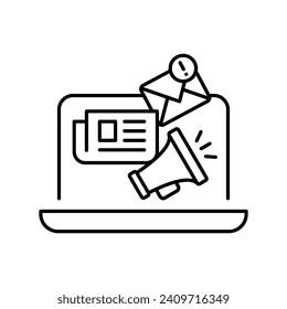 News content icon. Simple outline style. Media announce, newsletter update, digital press, coverage, laptop with megaphone concept. Thin line symbol. Vector illustration isolated. Editable stroke.