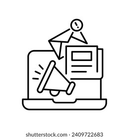 News content icon. Simple outline style. Media announce, newsletter update, digital press, coverage, laptop with megaphone concept. Thin line symbol. Vector illustration isolated. Editable stroke.