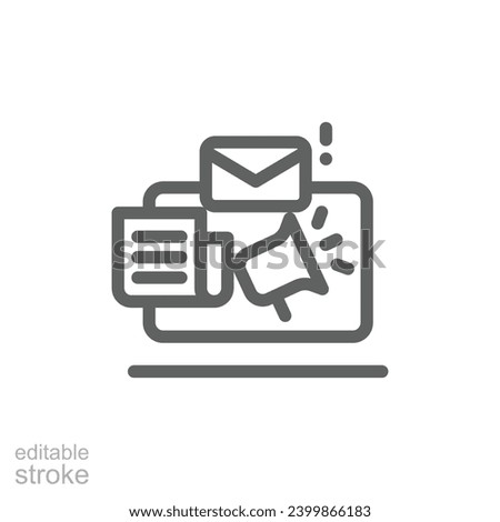 News content icon. Simple outline style. Media announce, newsletter update, digital press, coverage, laptop with megaphone concept. Thin line symbol. Vector illustration isolated. Editable stroke.