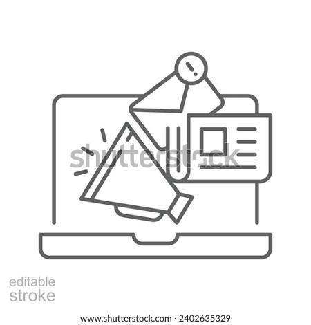 News content icon. Simple outline style. Media announce, newsletter update, digital press, coverage, laptop with megaphone concept. Thin line symbol. Vector illustration isolated. Editable stroke.