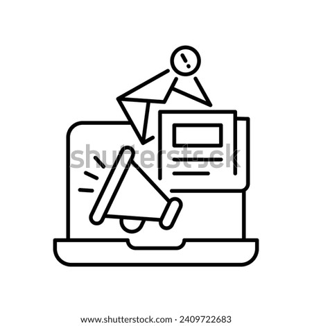 News content icon. Simple outline style. Media announce, newsletter update, digital press, coverage, laptop with megaphone concept. Thin line symbol. Vector illustration isolated. Editable stroke.