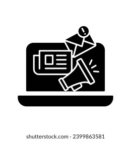 News content icon. Simple solid style. Media announce, newsletter update, digital press, coverage, laptop with megaphone concept. Black silhouette, glyph symbol. Vector illustration isolated.