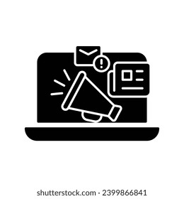 News content icon. Simple solid style. Media announce, newsletter update, digital press, coverage, laptop with megaphone concept. Black silhouette, glyph symbol. Vector illustration isolated.