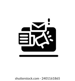 News content icon. Simple solid style. Media announce, newsletter update, digital press, coverage, laptop with megaphone concept. Black silhouette, glyph symbol. Vector illustration isolated.