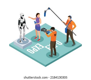 News Crew Broadcasting From Science Technology Expo 3d Isometric Composition Vector Illustration