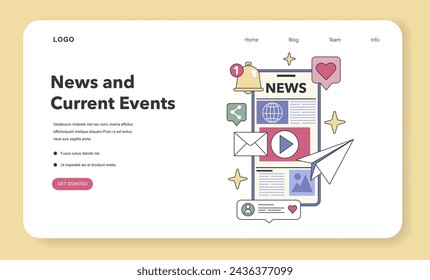 News and Current Events theme. Up-to-the-minute global updates and informative content streaming. World affairs, breaking news, informed society. Flat vector illustration