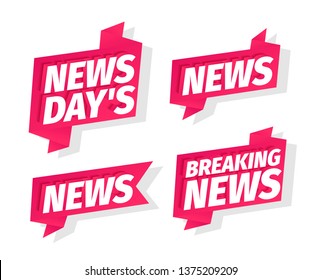 News days headline word set. Breaking news of the day. On pink ribbon. 3d letters. Advertising promotion headline title. Vector color Illustration clipart.