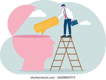 News delivery. man holding a speech bubble climbs a ladder onto a big head

