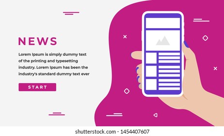 News Design Concept with Business Woman Hand Holding a Smartphone with News Articles on Screen, Button, Headline and Text Place. Web banner, Info graphics, Hero. Flat Vector Illustration