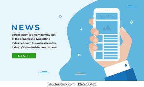 News Design Concept with Businessman Hand Holding a Smartphone with Text on Screen, Button, Headline and Text Place. Suitable for Web banner, Infographics, Hero images. Flat Vector illustration 